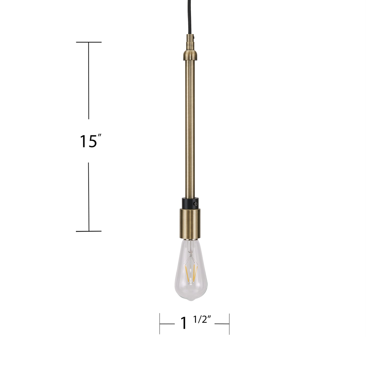 Antique brass pendant light fixture with exposed Edison bulb and adjustable height