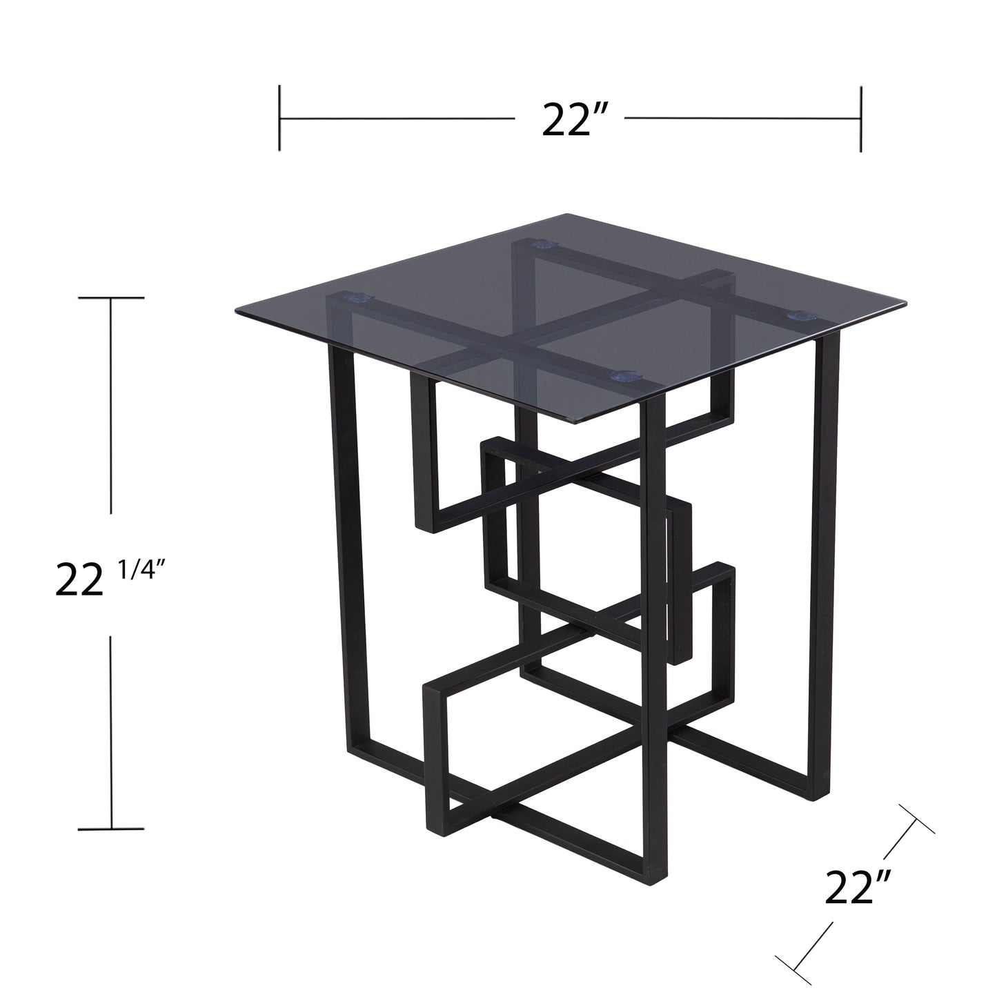 Modern square glass end table with black geometric metal base inches