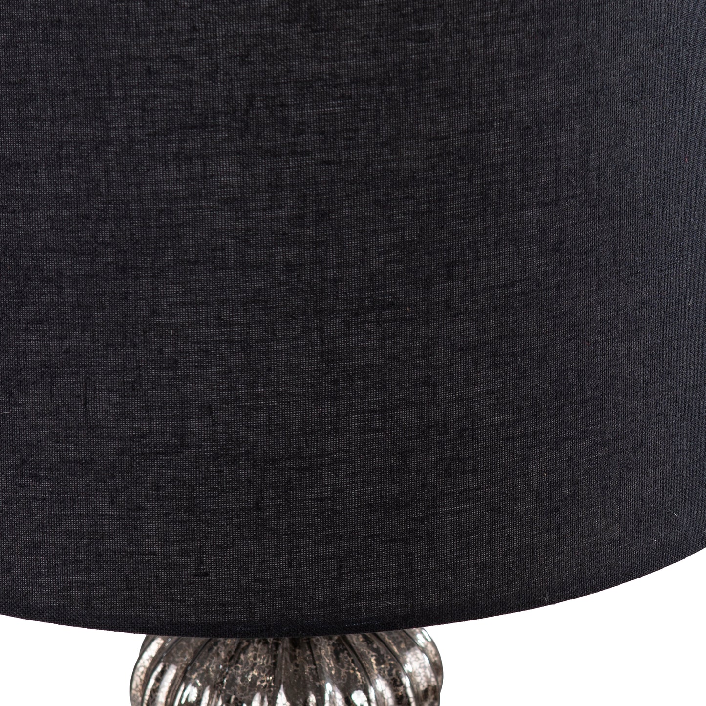 Black linen lampshade with textured metallic base detail characters