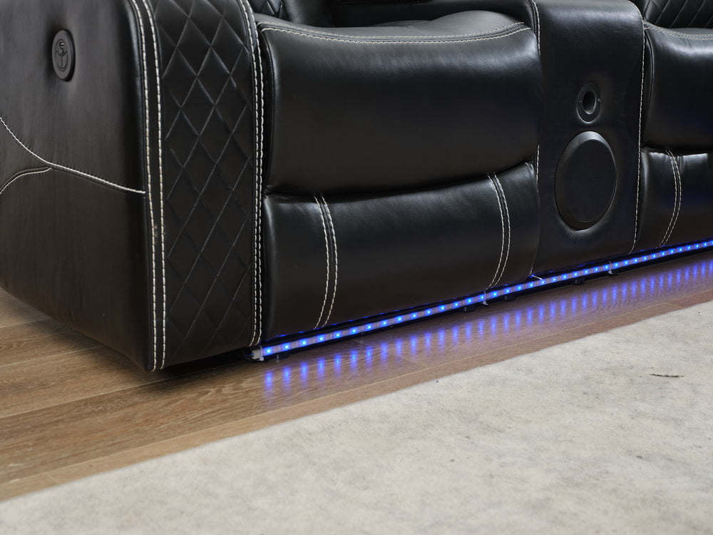 Black leather recliner with diamond stitching and blue LED accent lighting