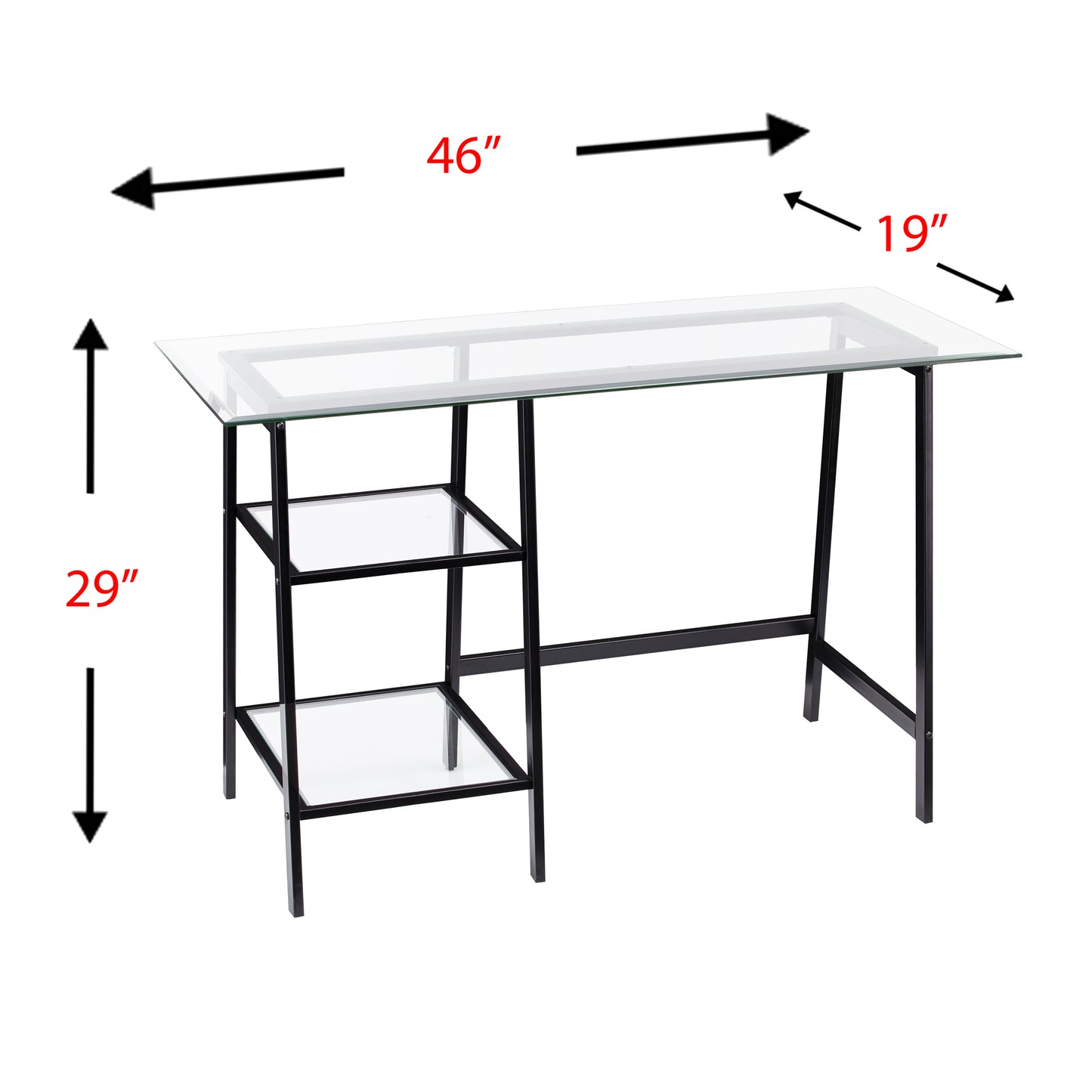 Modern glass writing desk with black metal frame W x D x H