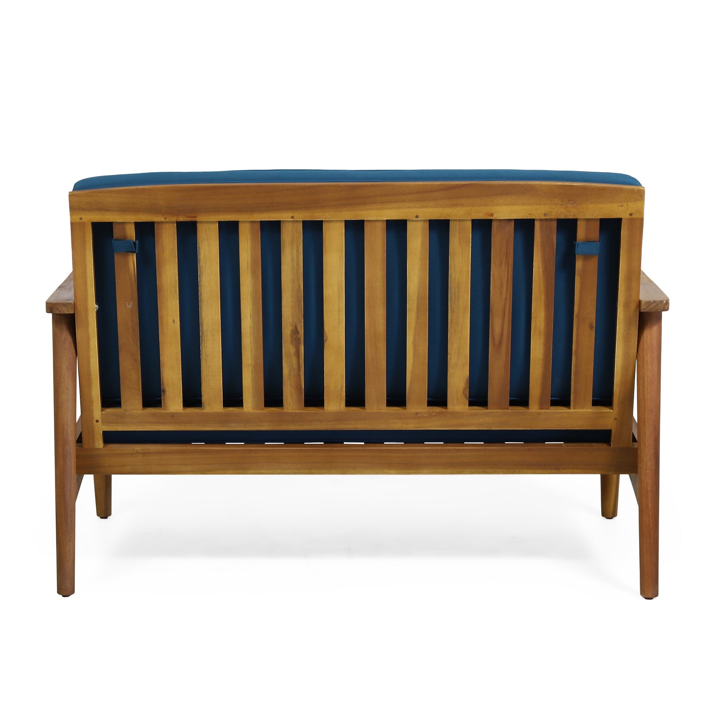 Acacia wood patio bench with navy blue cushions slatted backrest design