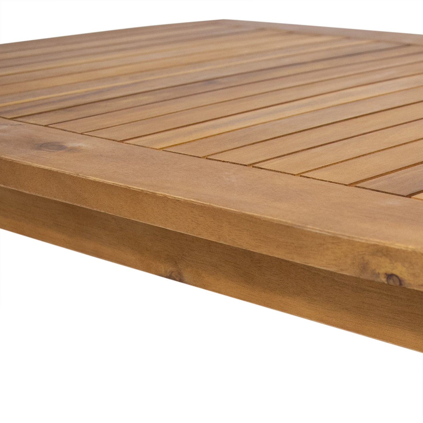 Closeup of a slatted wooden dining table in a warm brown tone showcasing natural wood grain