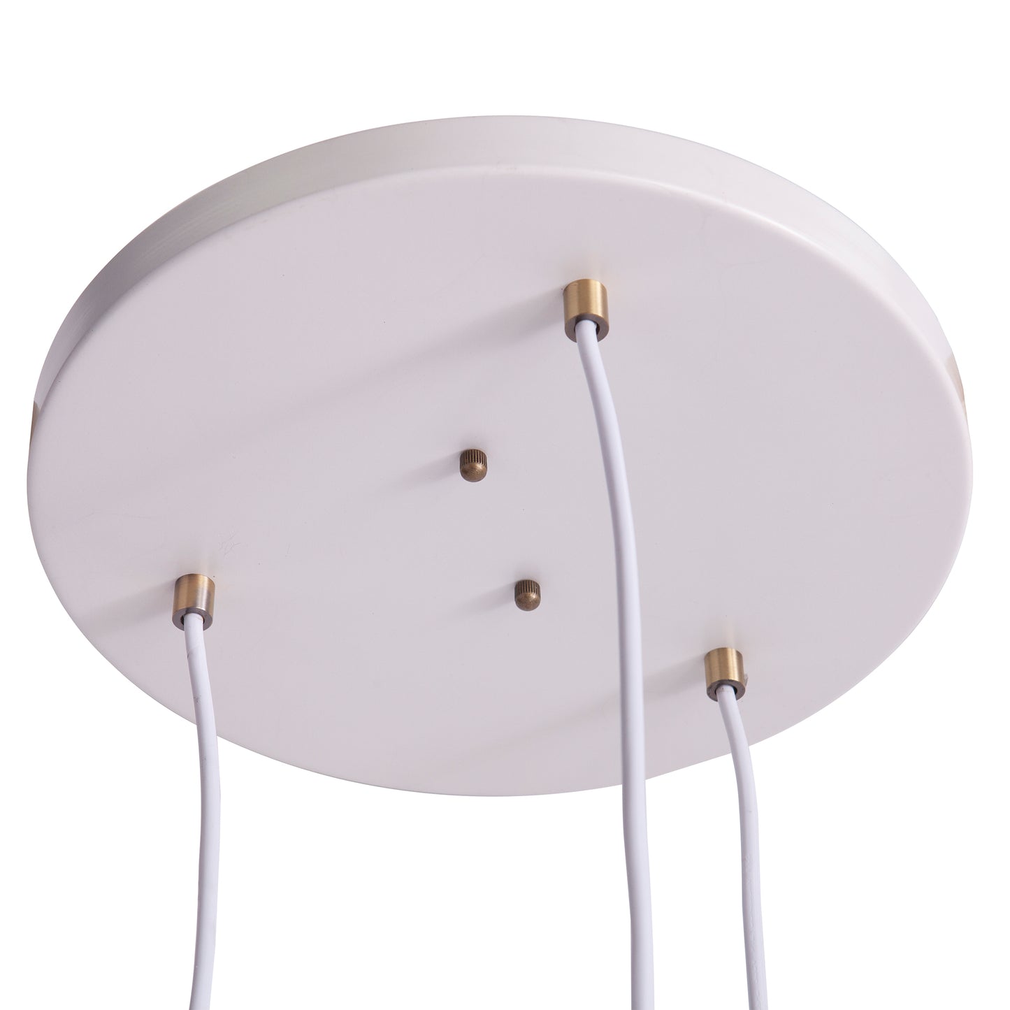 White circular ceiling canopy with brass fittings for modern pendant lighting