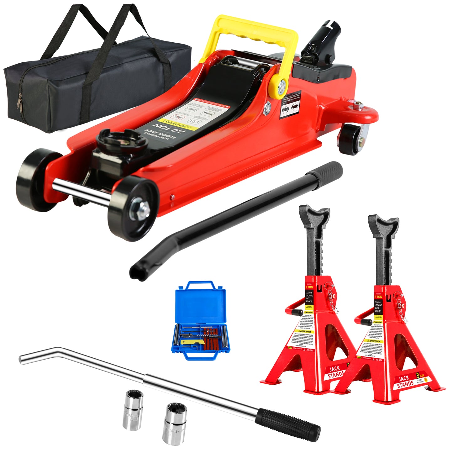 Red ton low profile floor jack with yellow handle and black storage bag
