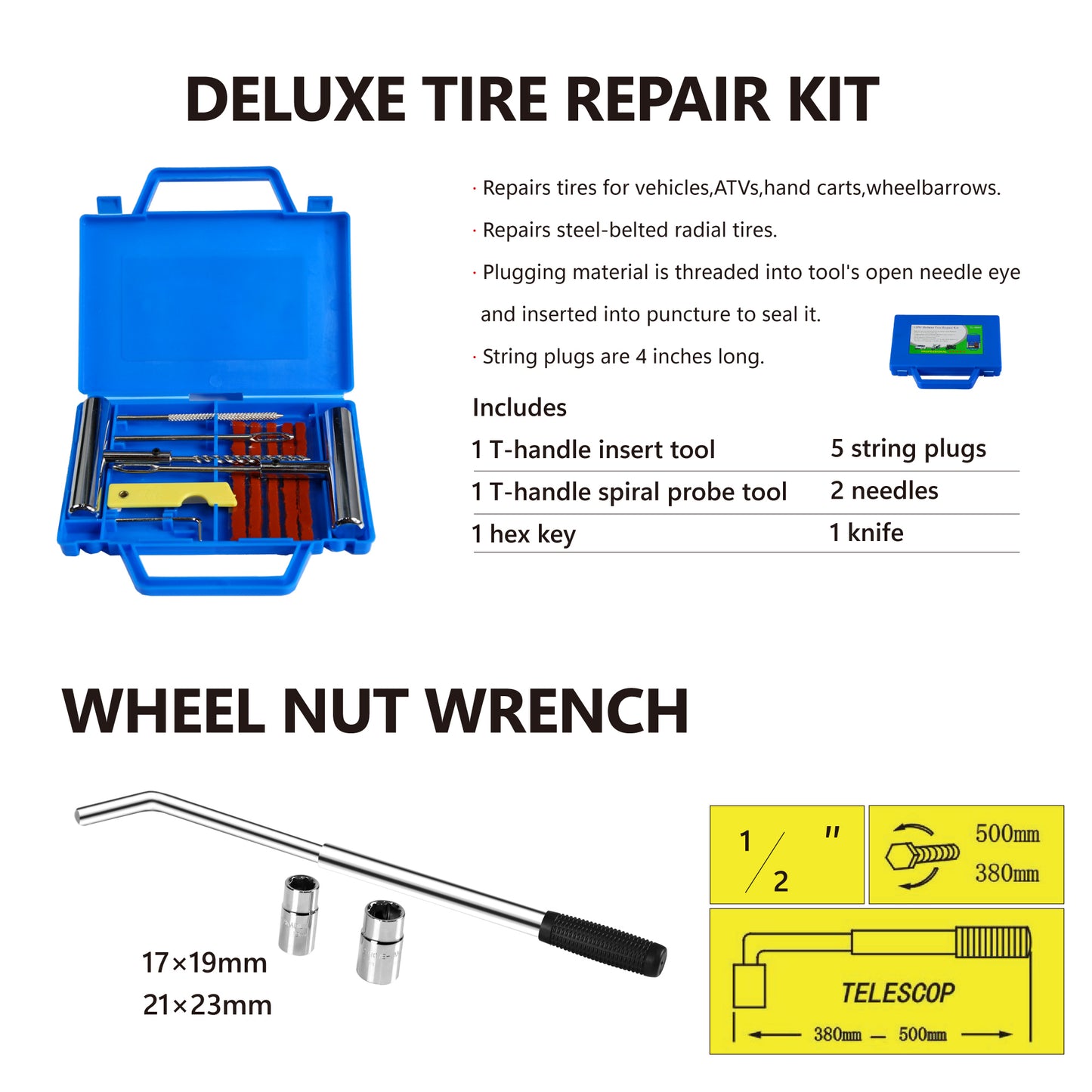 Blue plastic case containing tire repair kit tools and string plugs