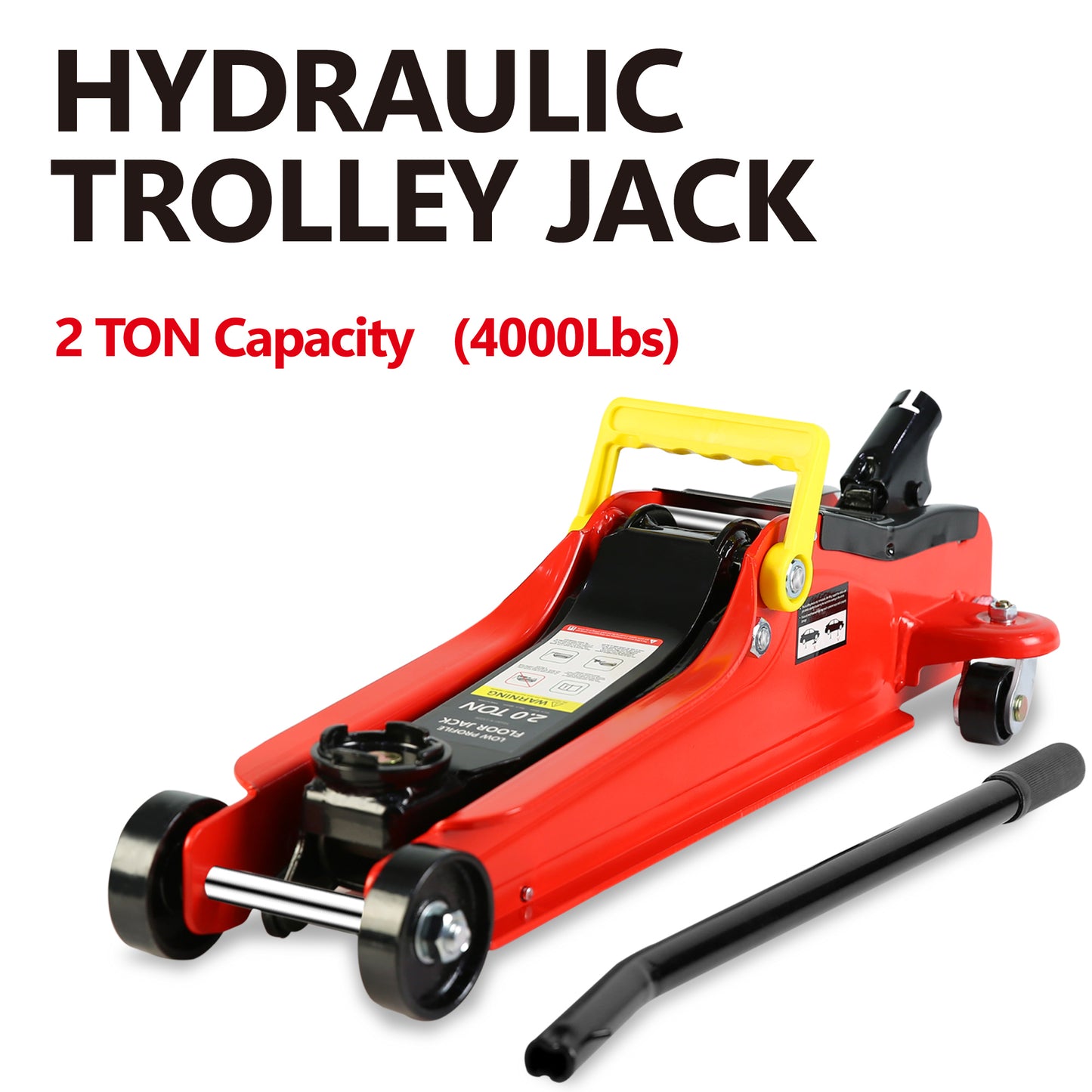 Red ton capacity hydraulic trolley jack with yellow handle and black lever