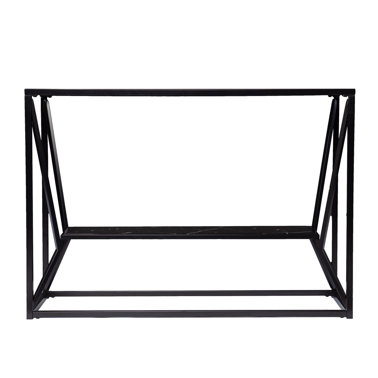 Modern black metal console table with a black faux marble top ideal for entryways