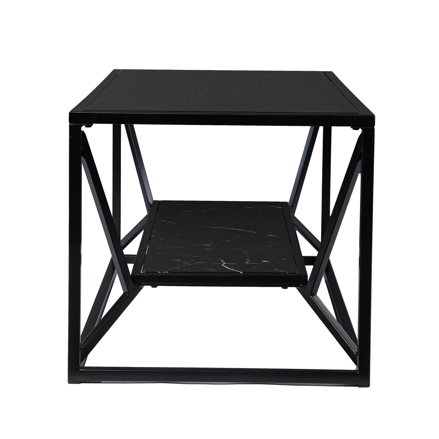 Black marble top end table with geometric metal frame and lower shelf