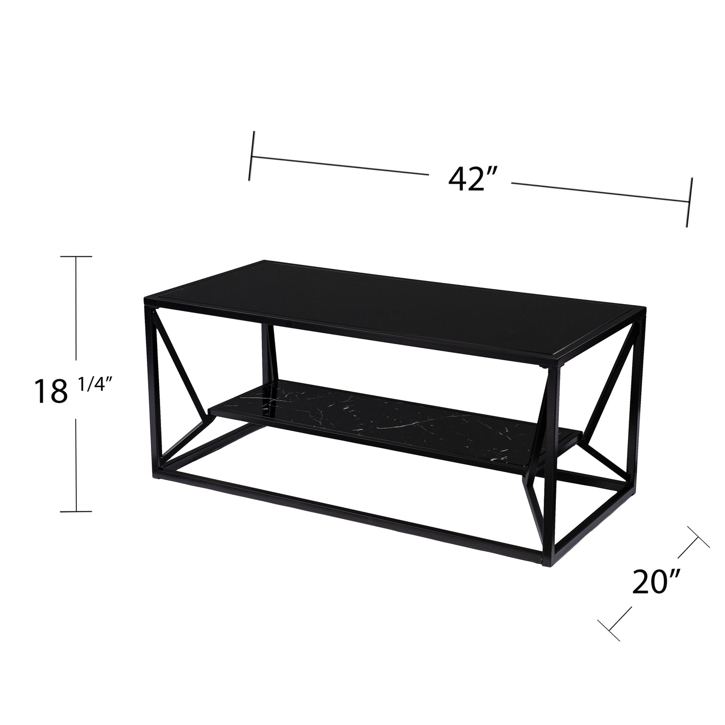 Black modern coffee table with marble shelf and metal frame length