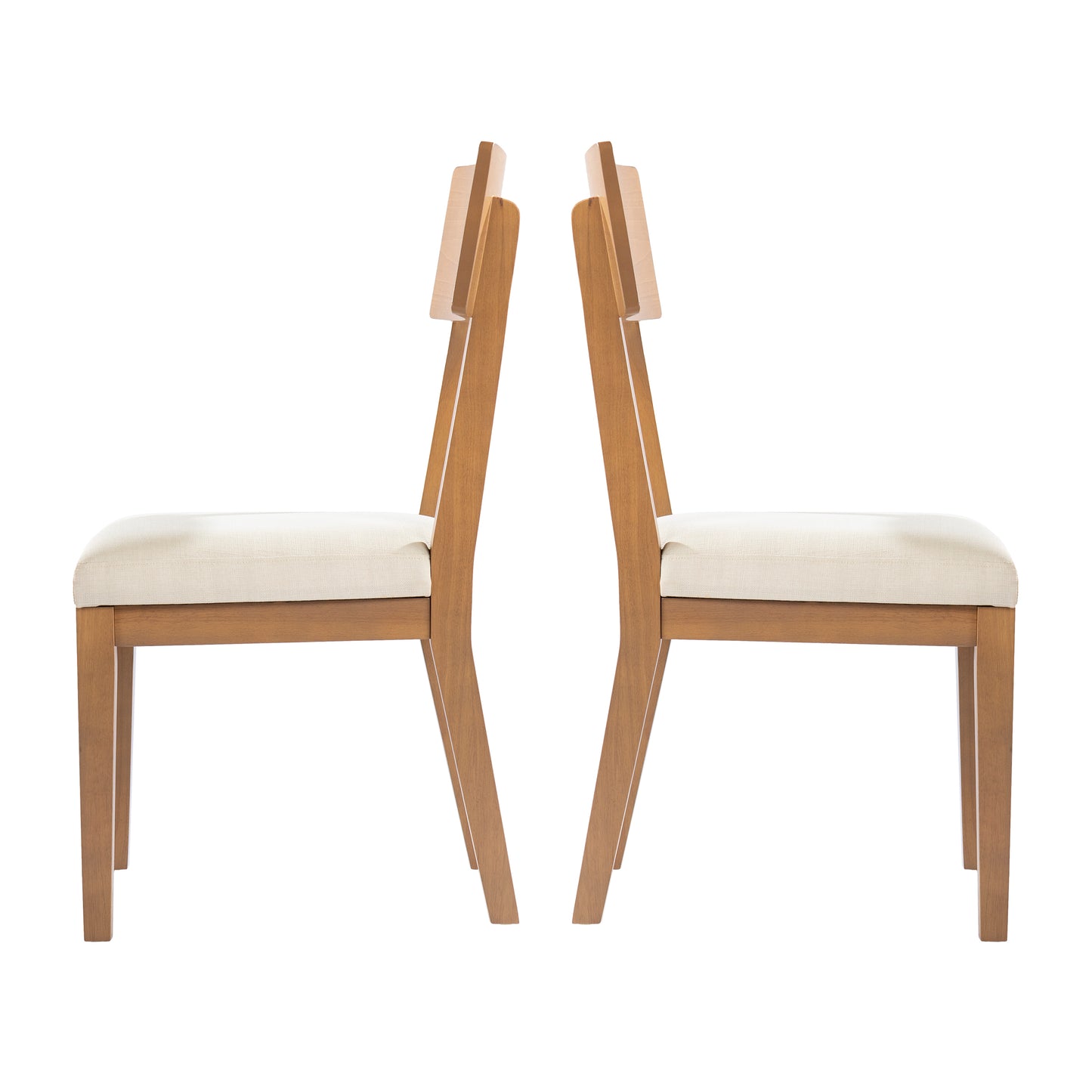 Two identical wooden dining chairs with light cream upholstered seats displayed backtoback