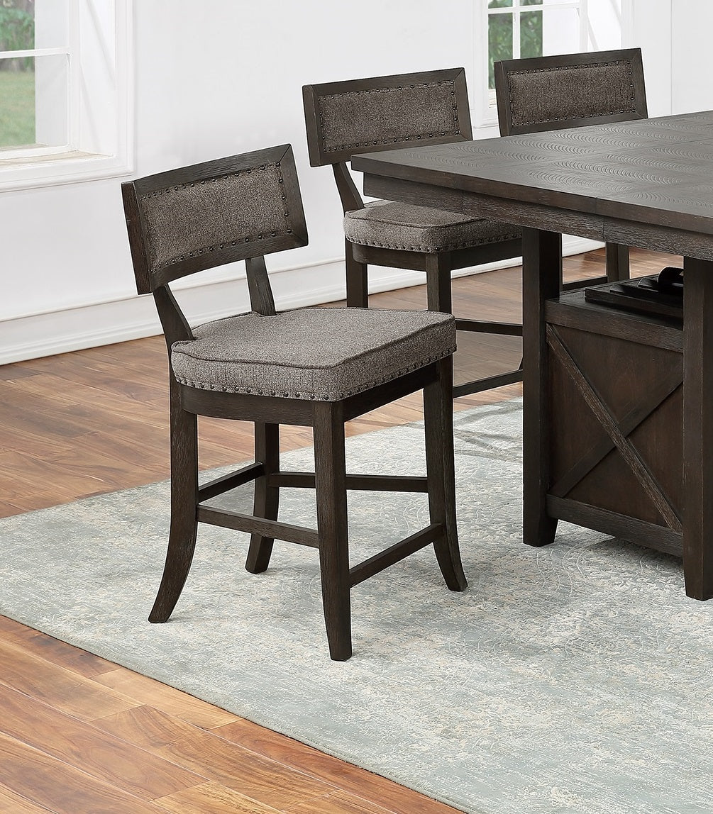 Dark wood and grey upholstered bar stool with decorative nailhead trim