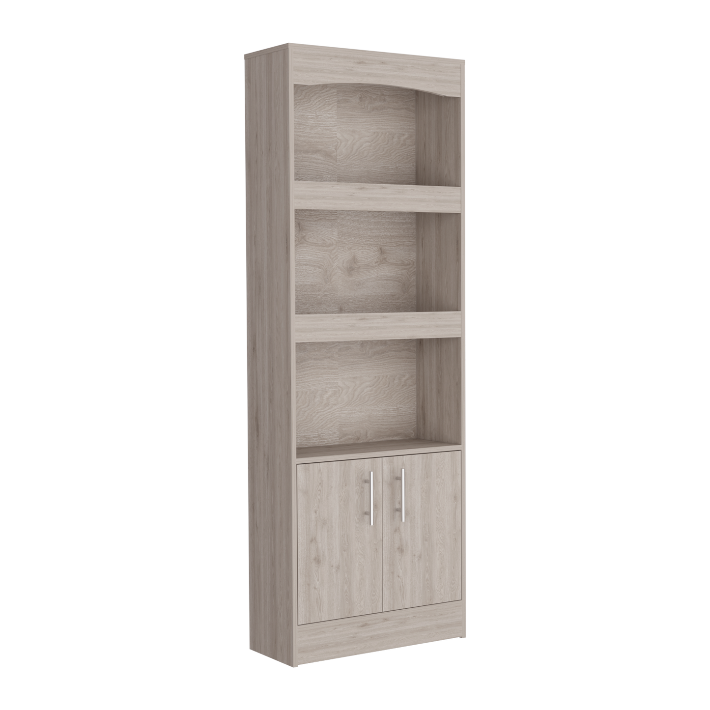 Tall light wood grain bookshelf with three open shelves and a twodoor cabinet base