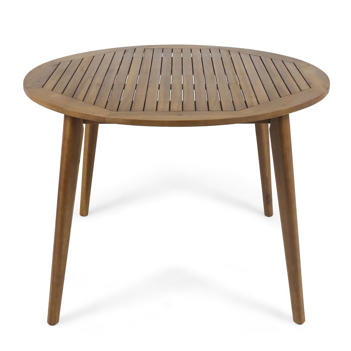 Round slatted wood dining table with tapered legs perfect for modern kitchens