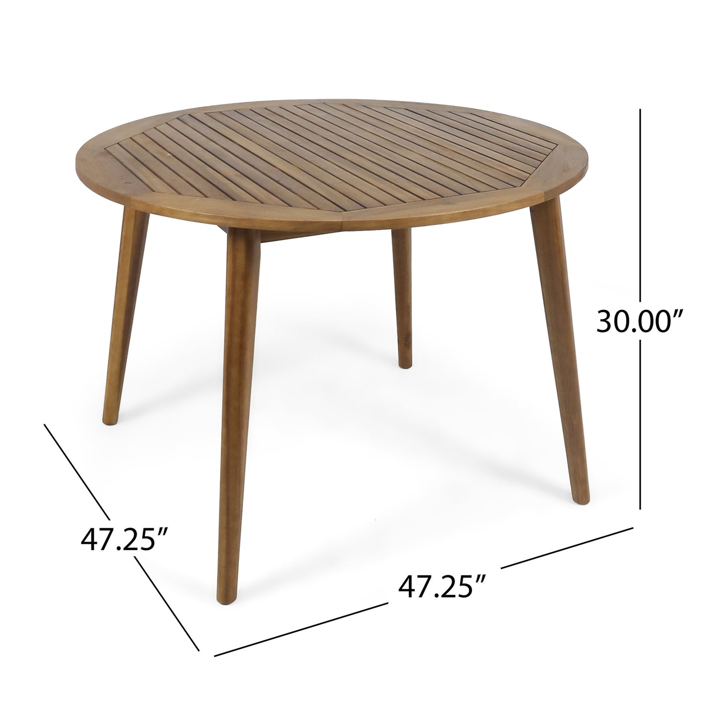 Round acacia wood dining table with slatted top and tapered legs for outdoor use