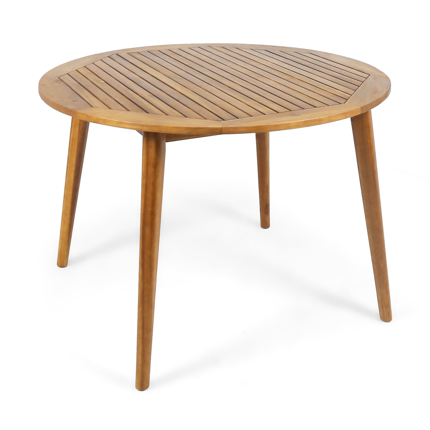 Round slatted wood dining table with four tapered legs