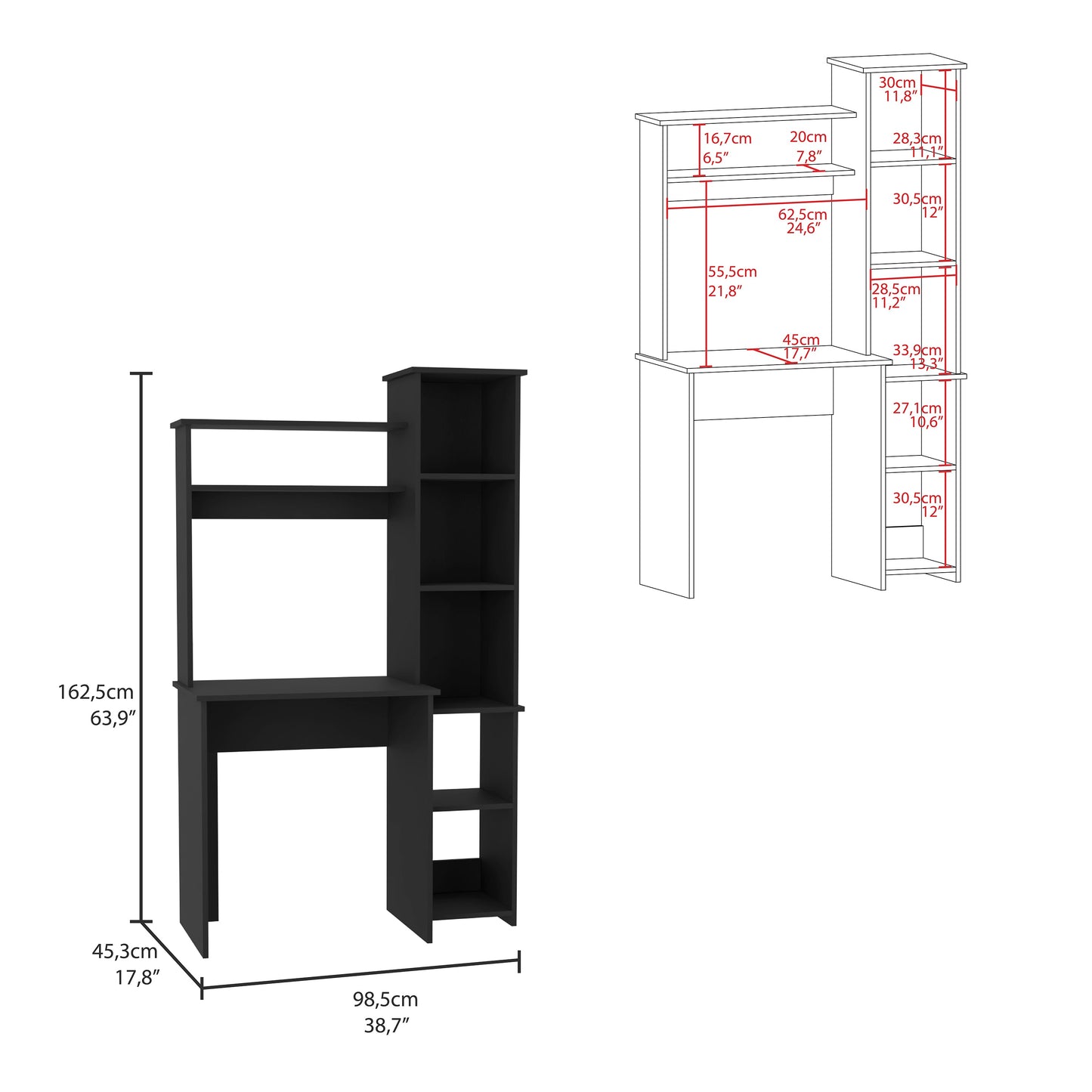 Black computer desk with integrated shelving and storage compartments for home office use