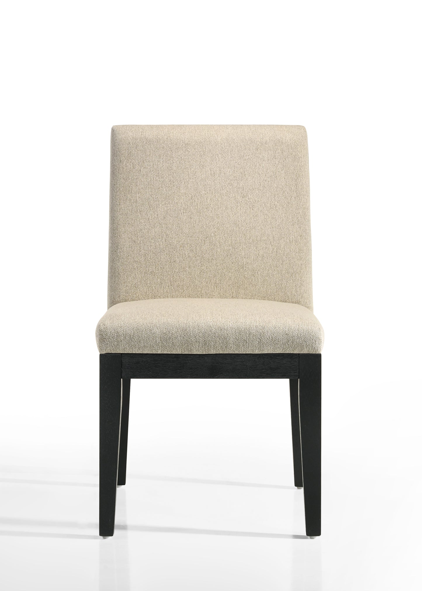 Upholstered dining chair in neutral beige fabric with dark wood legs perfect for modern kitchens
