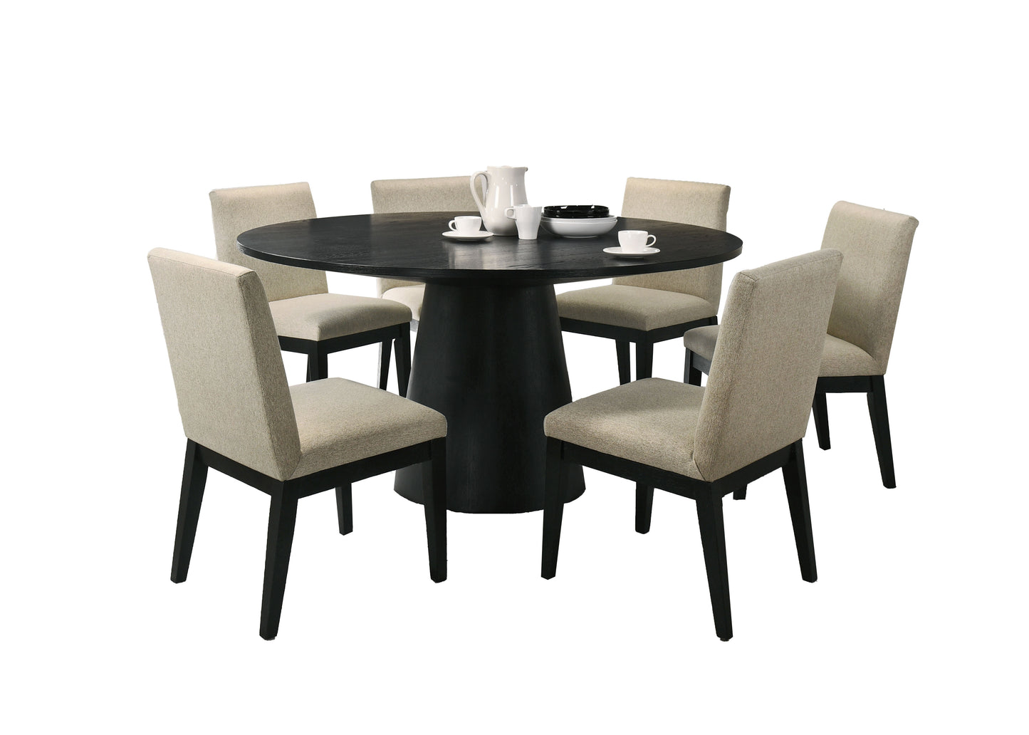 Black pedestal round dining table with six beige upholstered chairs perfect for modern homes