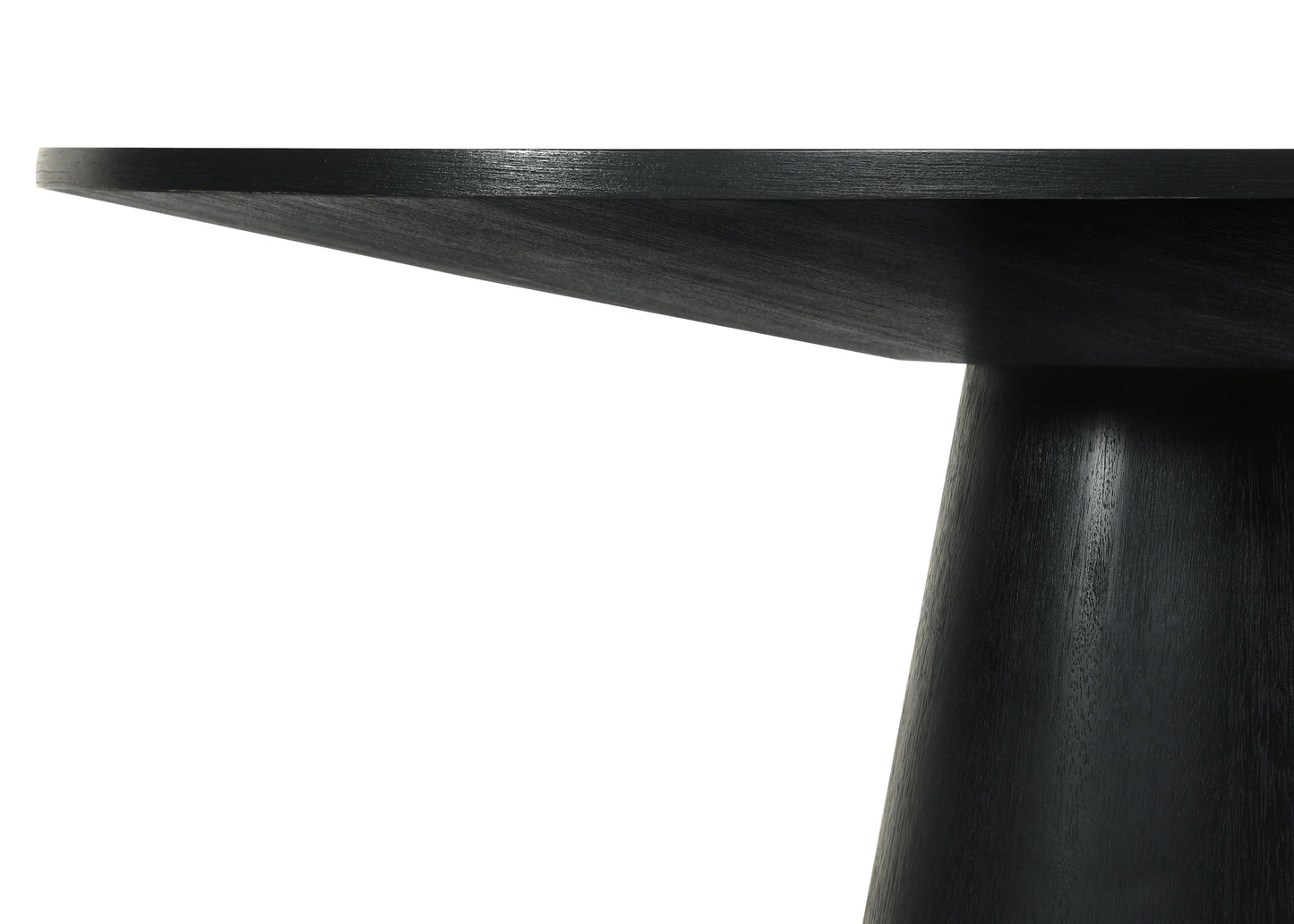 Closeup of a dark wood dining table with a tapered pedestal base
