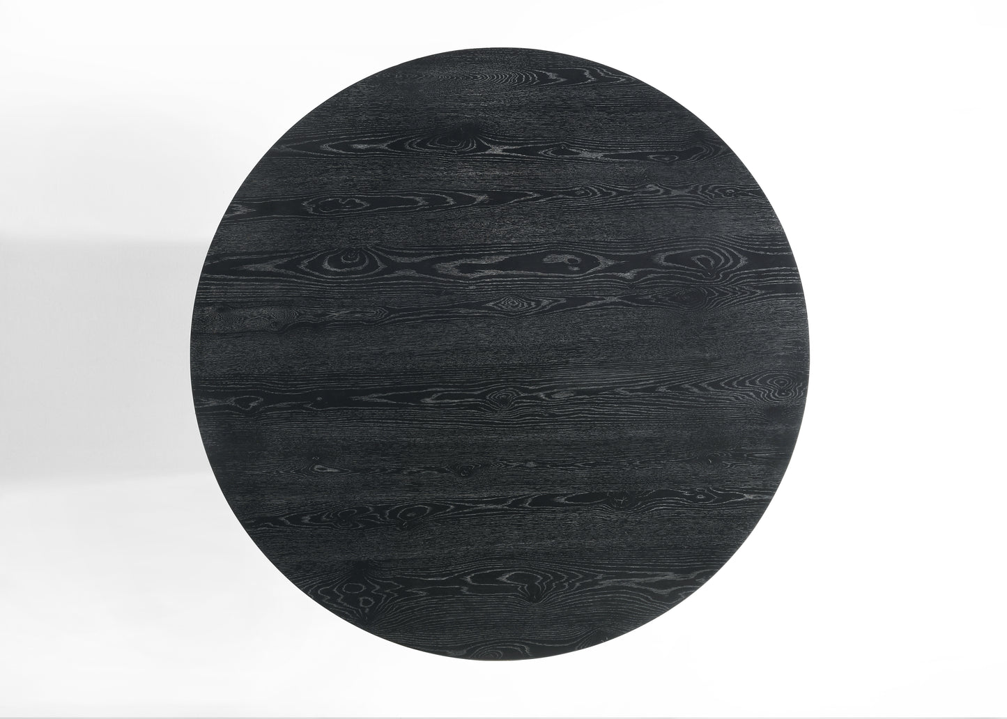 Black oval wood dining table top with prominent grain patterns
