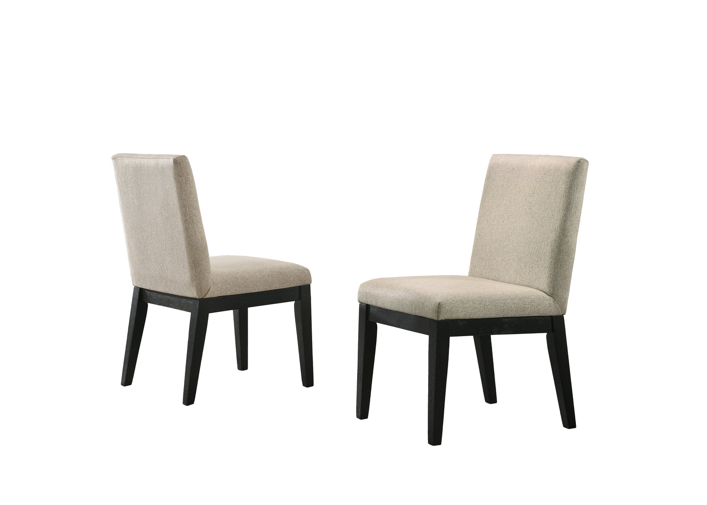 Two neutral beige upholstered dining chairs with dark wood legs