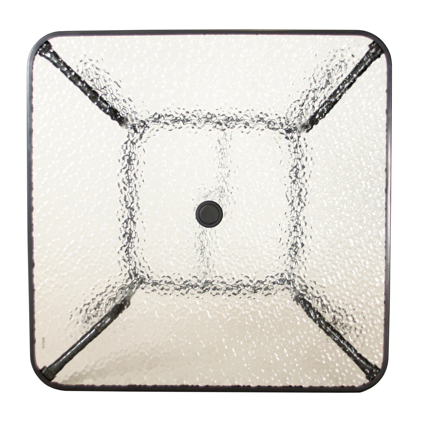 Square glass patio table with textured top and black metal frame characters