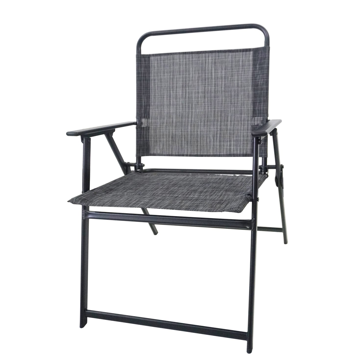 Gray mesh folding camping chair with black metal frame and armrests
