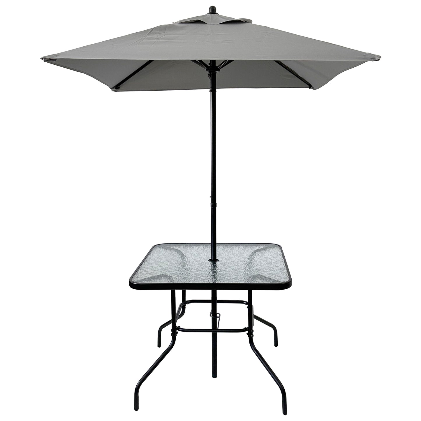 Square glass patio table with a grey umbrella