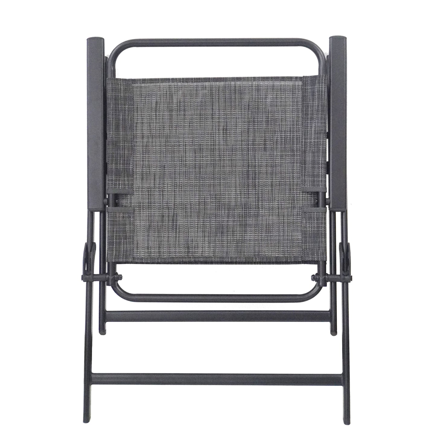 Gray fabric folding chair with dark metal frame