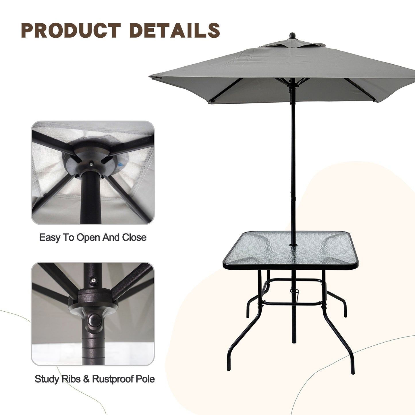 Square glass tabletop outdoor table with a grey patio umbrella and black metal frame