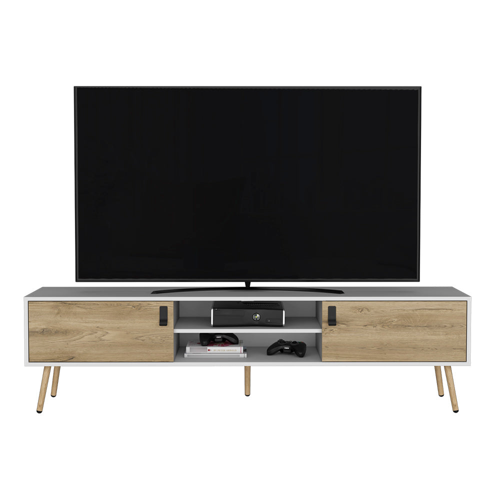 Modern white media console with oak wood doors and tapered legs