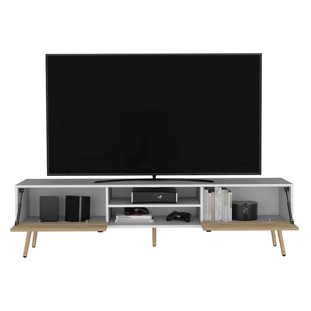 Modern white TV stand with wood accents featuring open shelves and closed cabinets for media storage