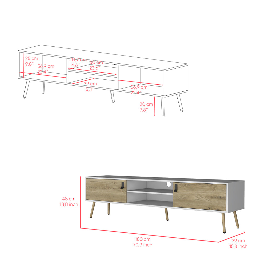 Modern white TV stand with wood grain drawers and angled legs