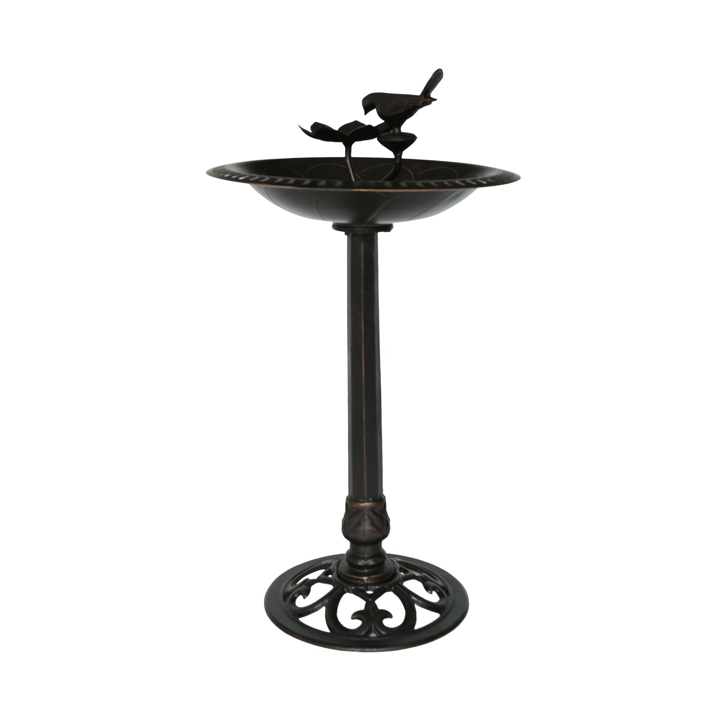 Ornate dark bronze bird bath with two decorative birds and detailed base