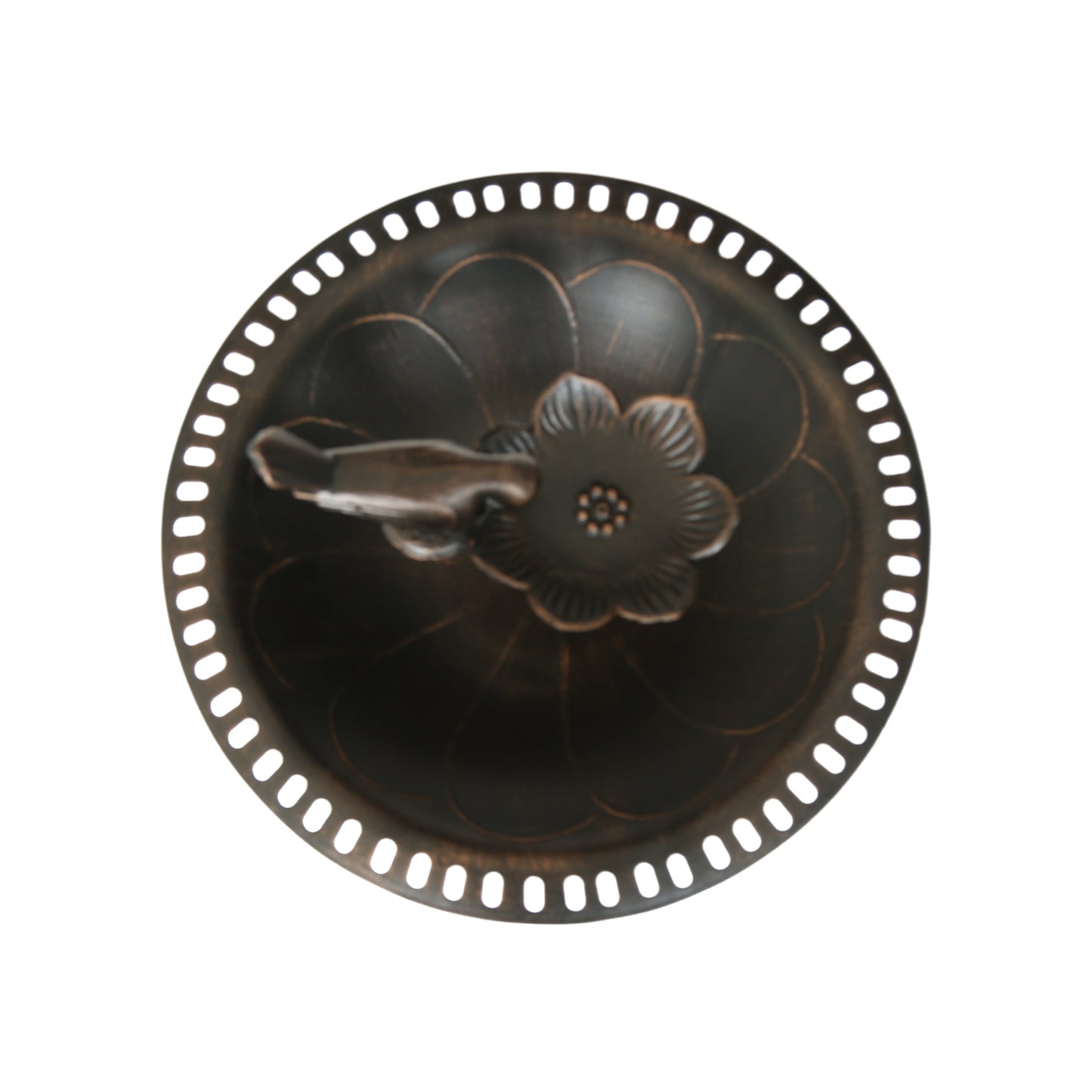 Round bronze tray with embossed floral design and side perforations
