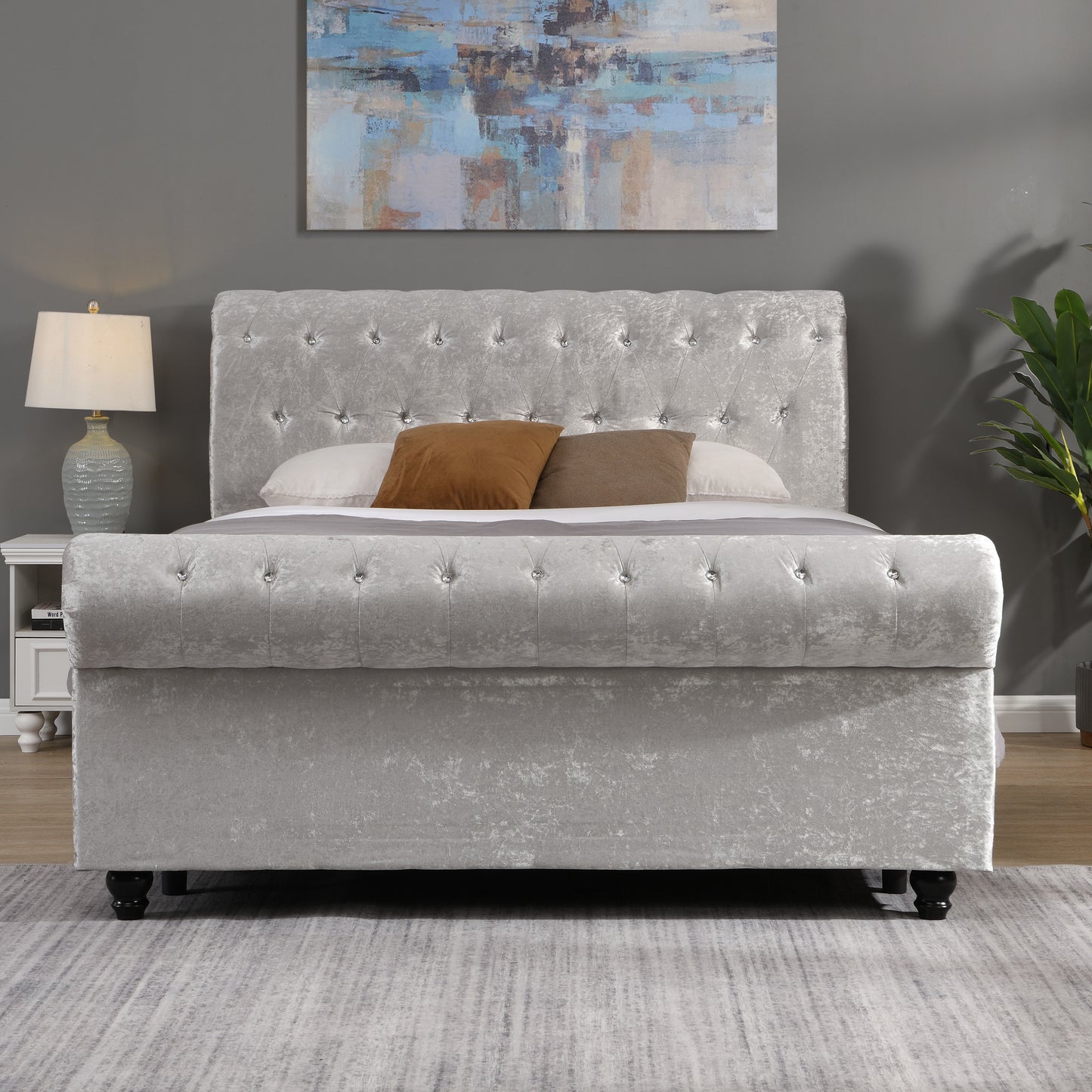 Elegant silver crushed velvet sleigh bed with crystal button tufting queen size