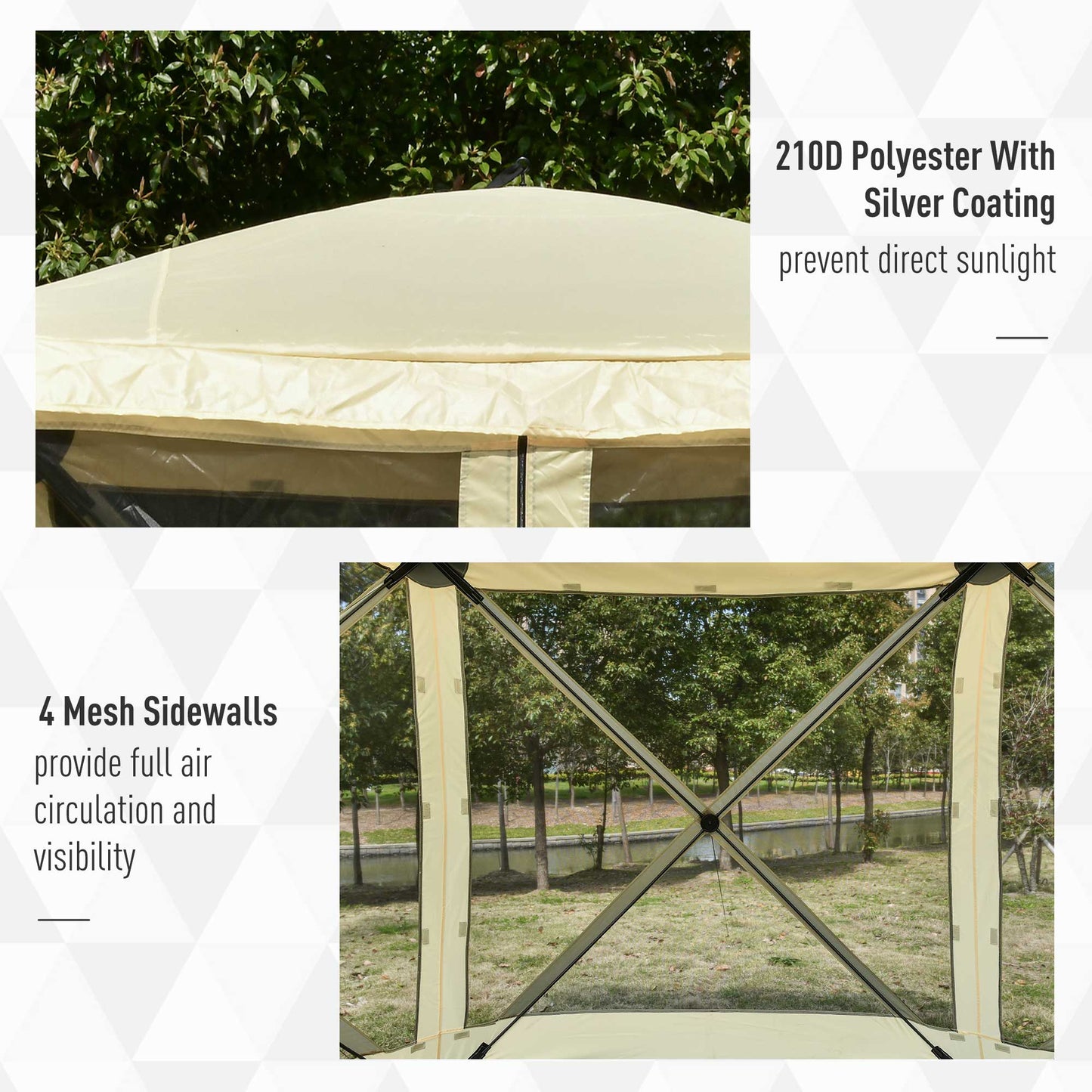 Creamcolored canopy tent fabric with silver coating detail for sun protection