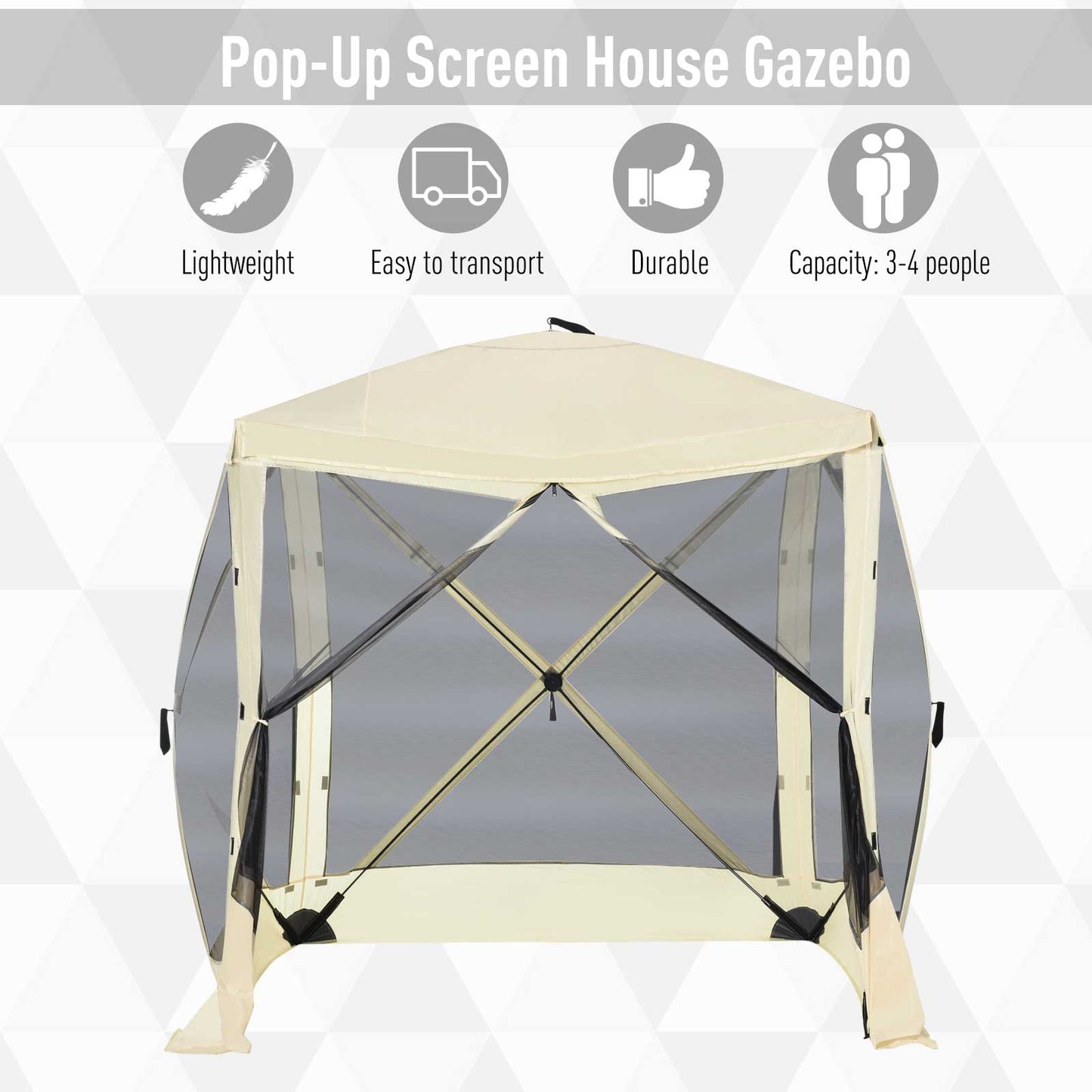 Creamcolored popup screen house gazebo with a durable frame and insect netting for outdoor use