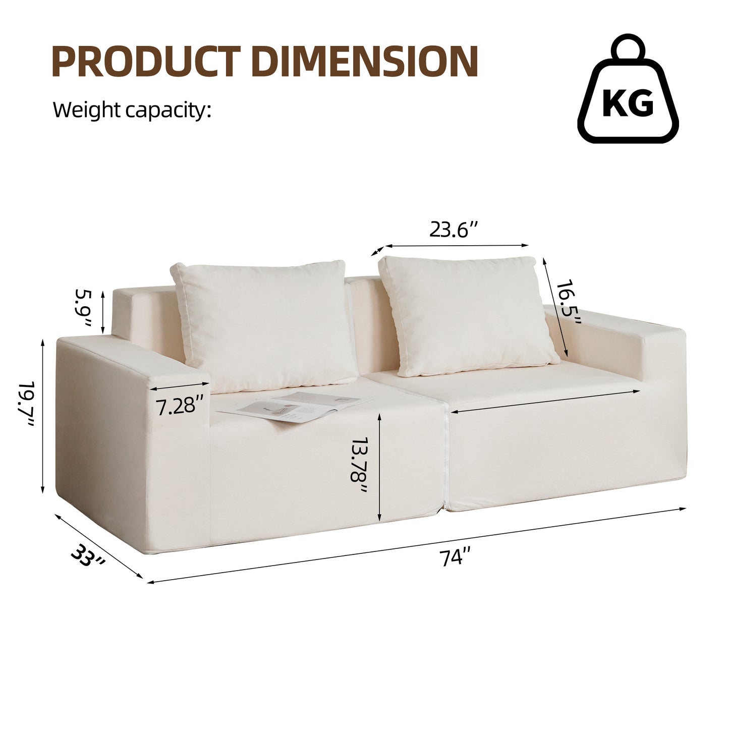 Cream modular sofa with dimensions labeled