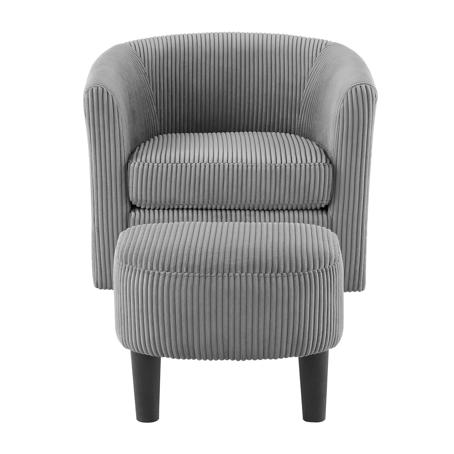 Grey corduroy accent chair with matching ottoman and dark wooden legs