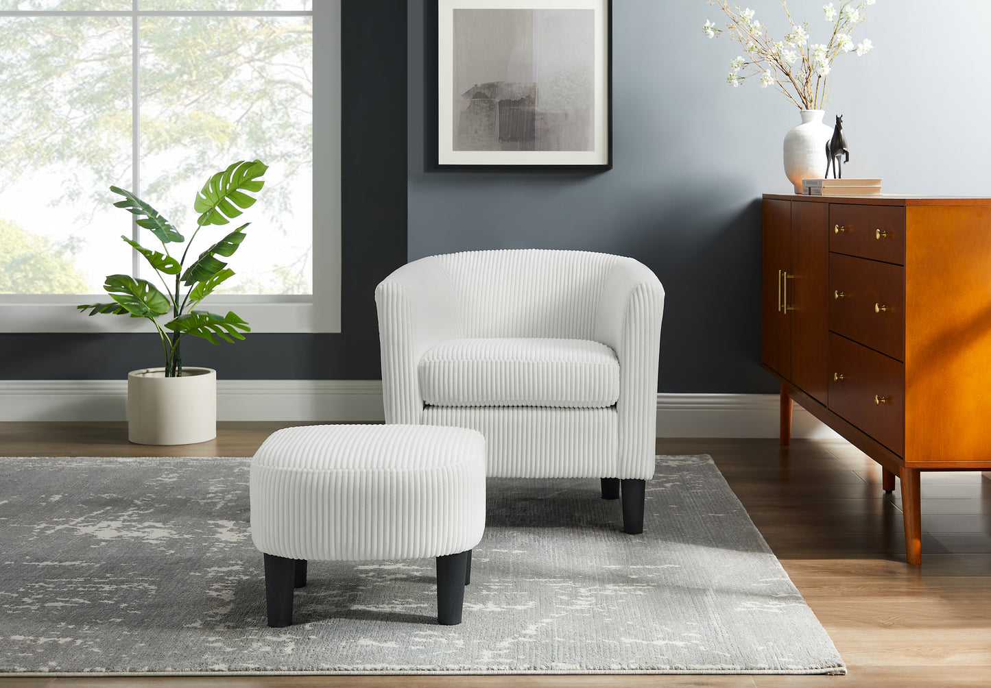 White corduroy barrel chair with matching ottoman a modern accent chair