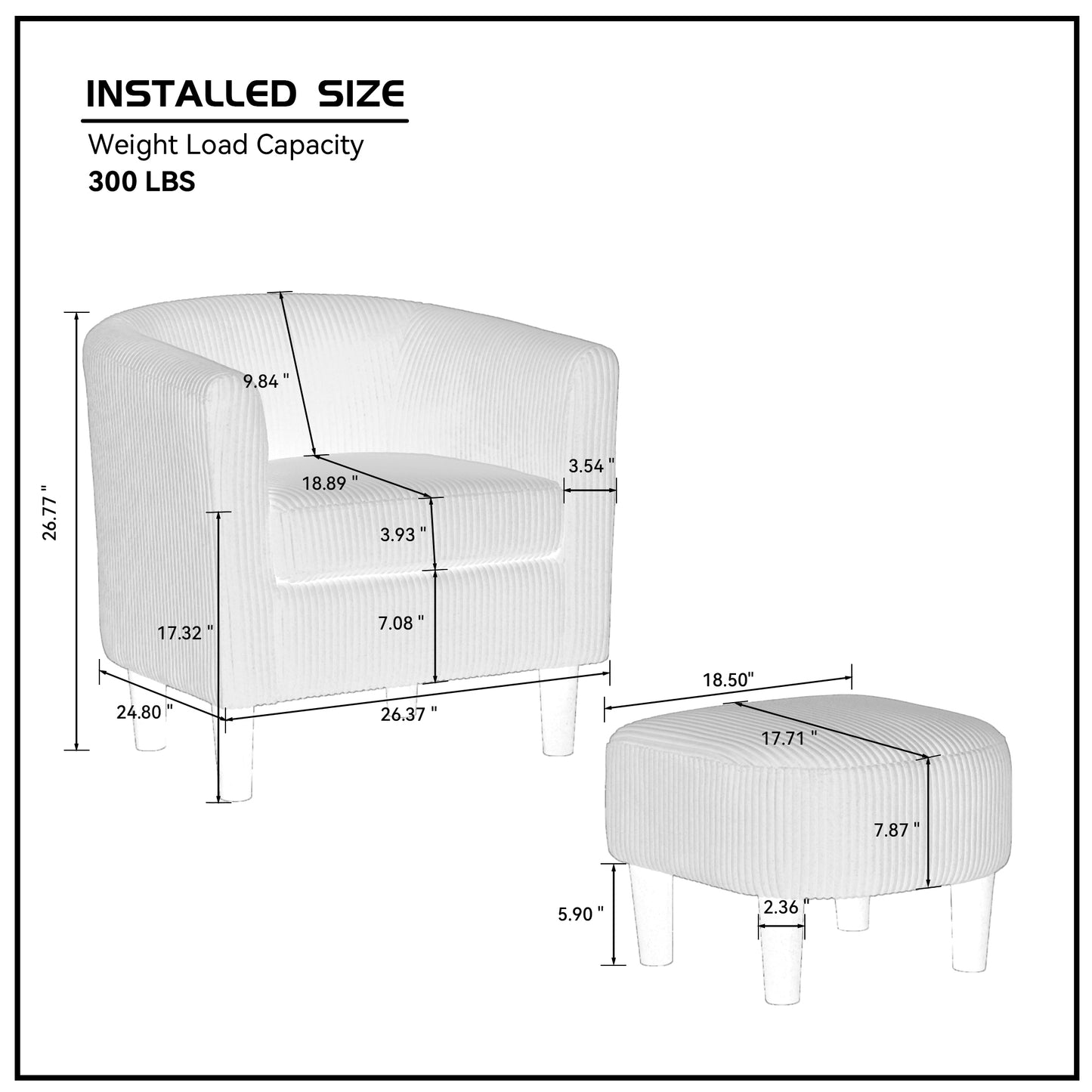 White upholstered armchair with textured fabric and matching ottoman dimensions shown
