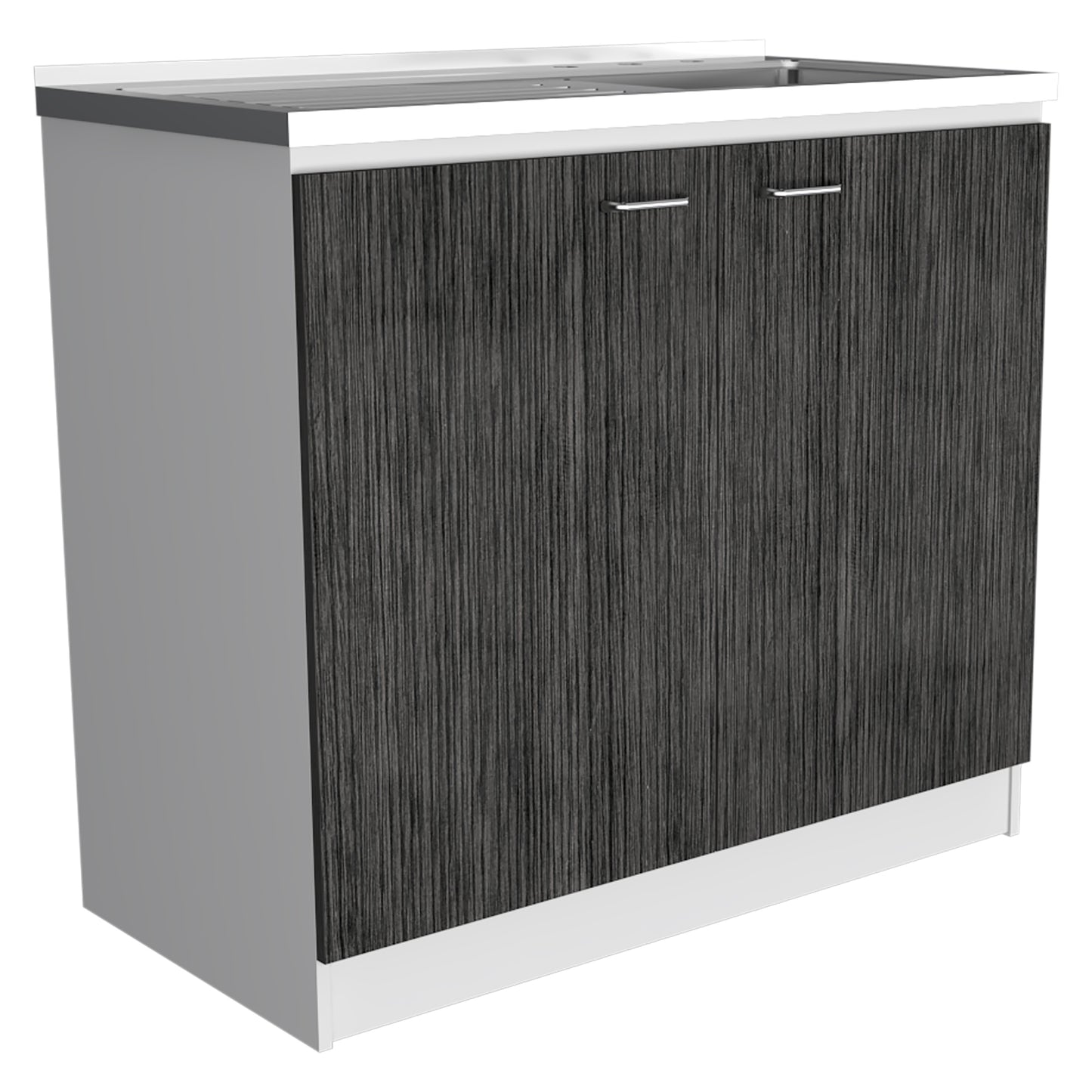 Modern bathroom vanity with dark wood grain doors and silver handles