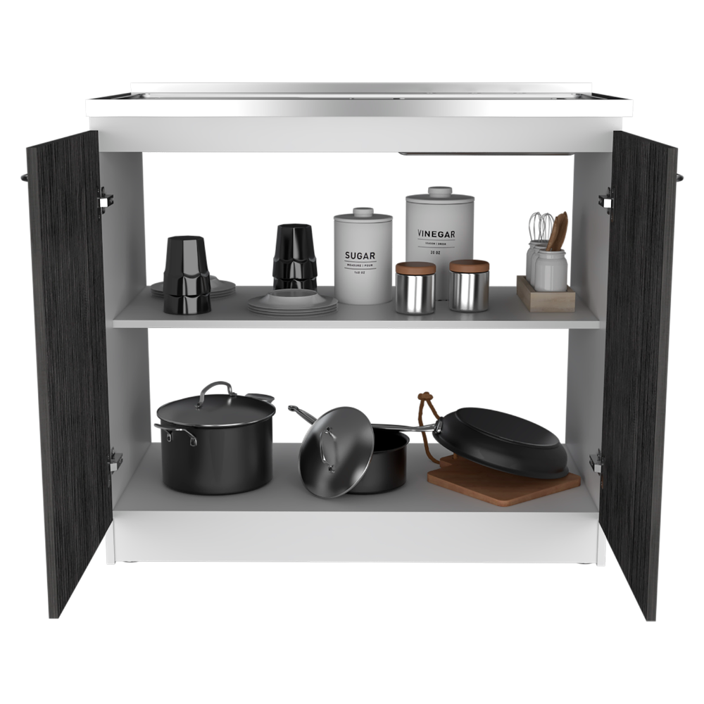 Modern kitchen cabinet with black wood grain doors storing pots pans and canisters