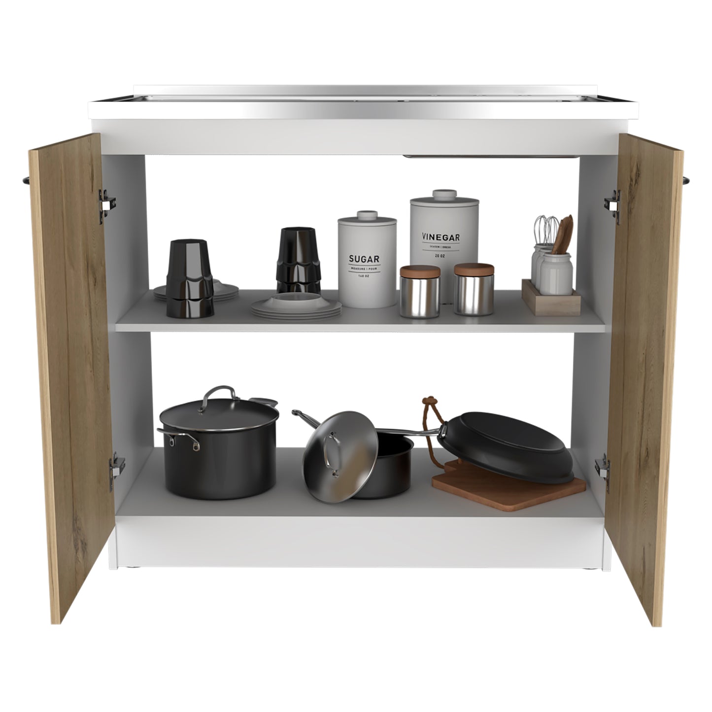 Modern kitchen cabinet with open doors showcasing cookware and storage canisters