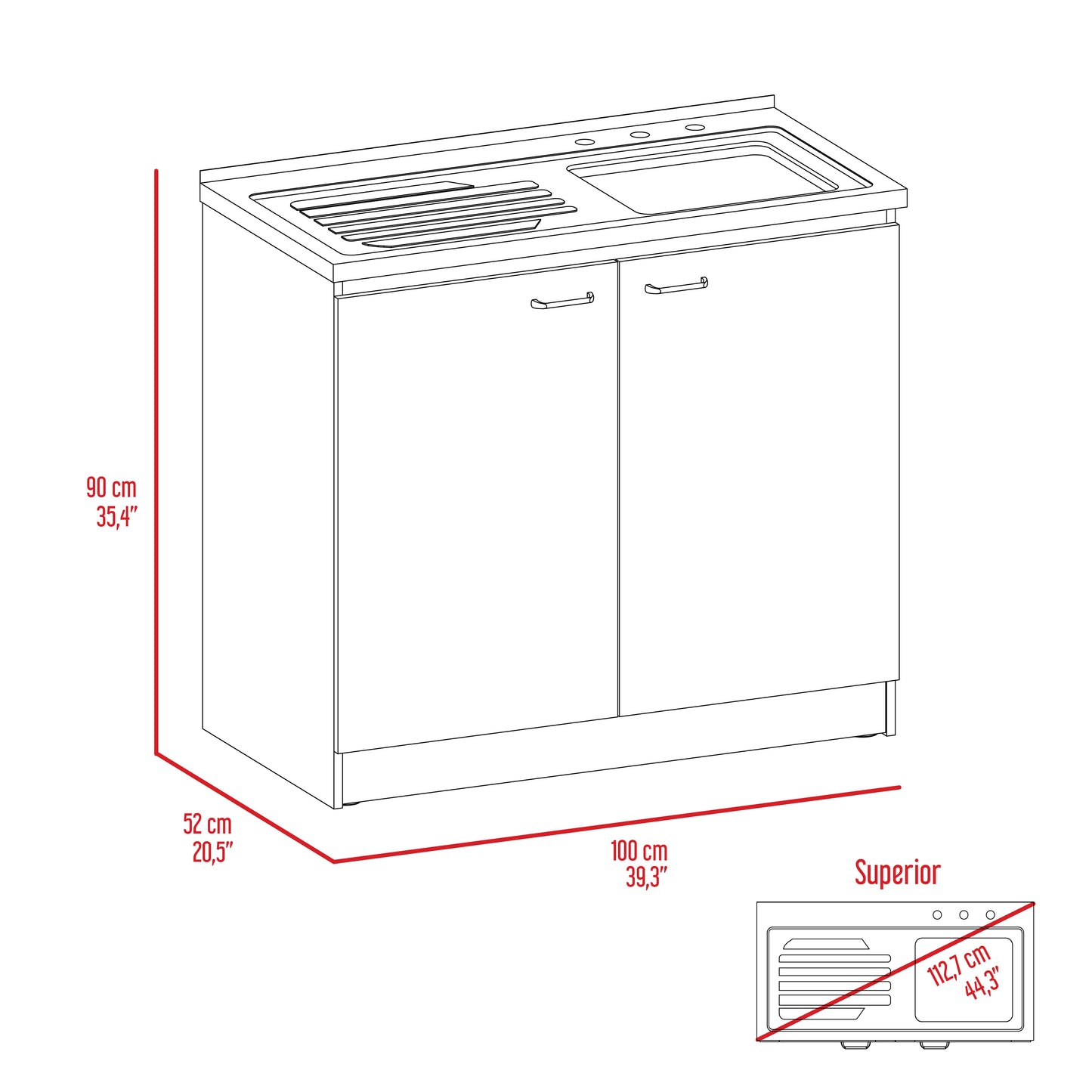 White kitchen base cabinet with double doors and integrated sink and drainer