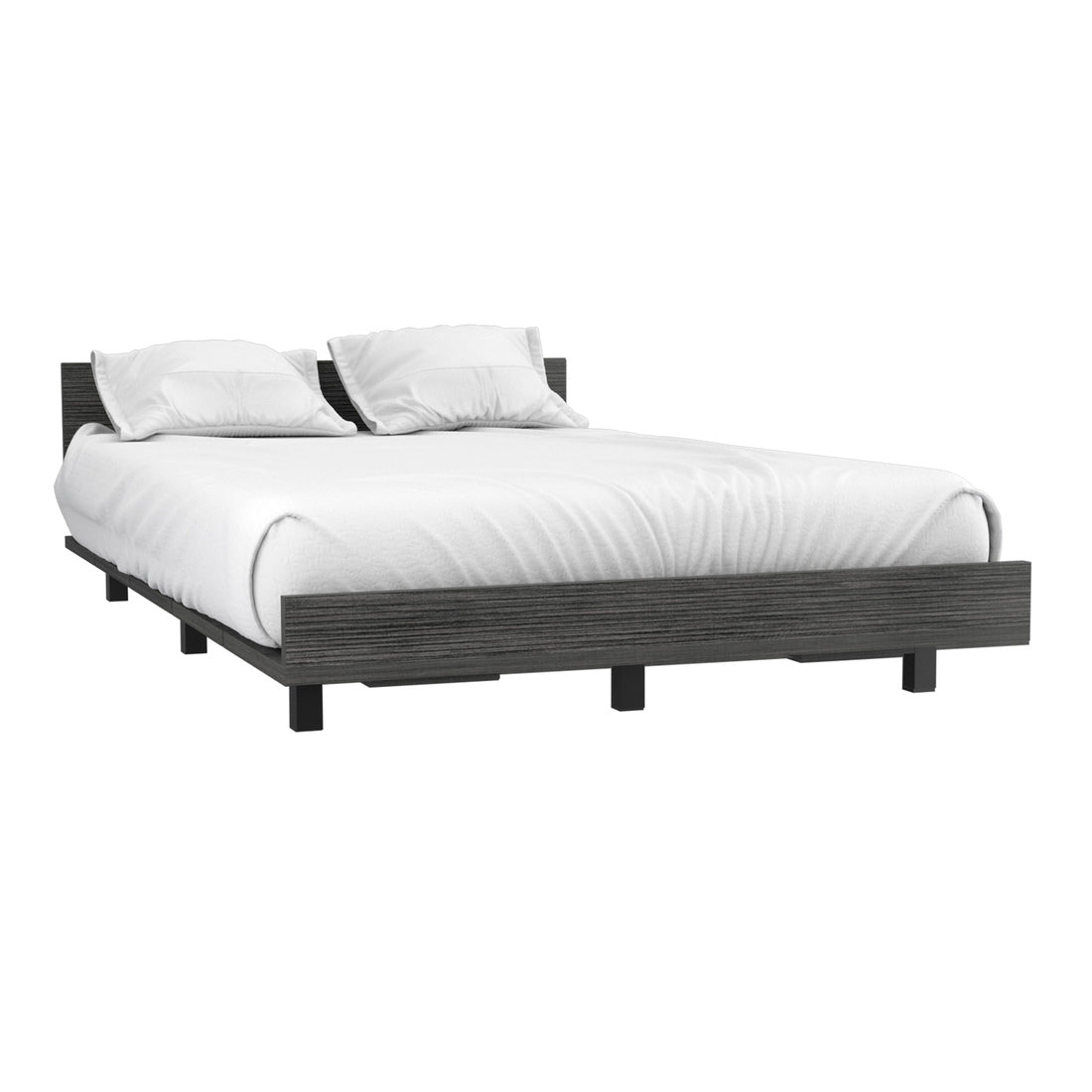 Platform bed with dark wood grain frame and white linens