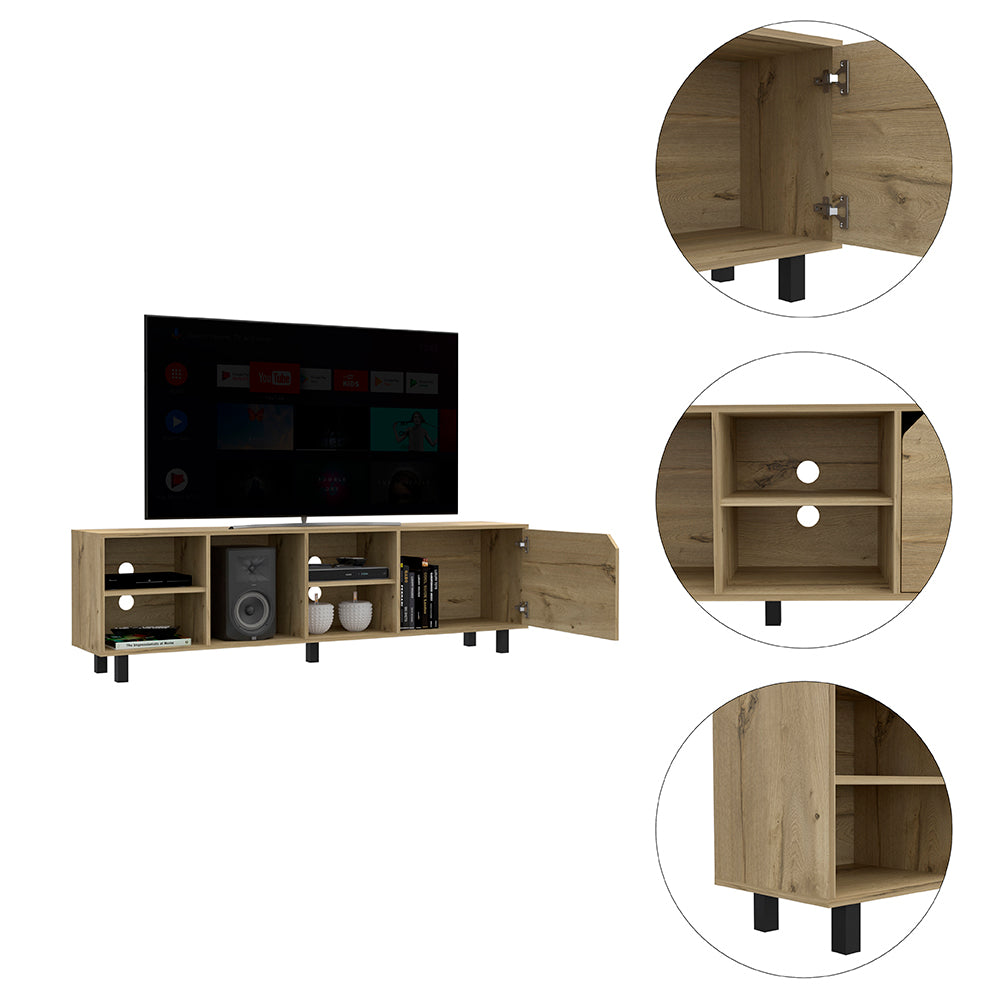 Oak finish TV stand with open shelves and a cabinet for media consoles