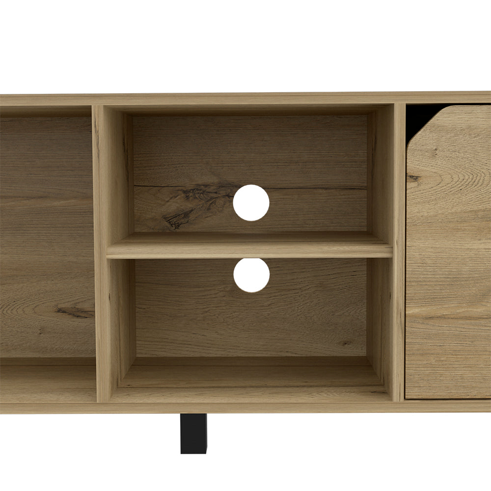 Light oak veneer media console with open shelving and two cable management holes